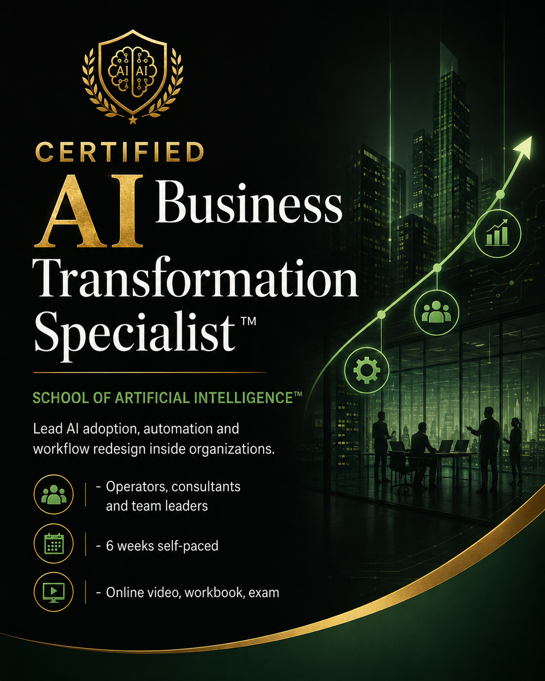 Certified AI Business Transformation Specialist™ certification flyer from the School of Artificial Intelligence™