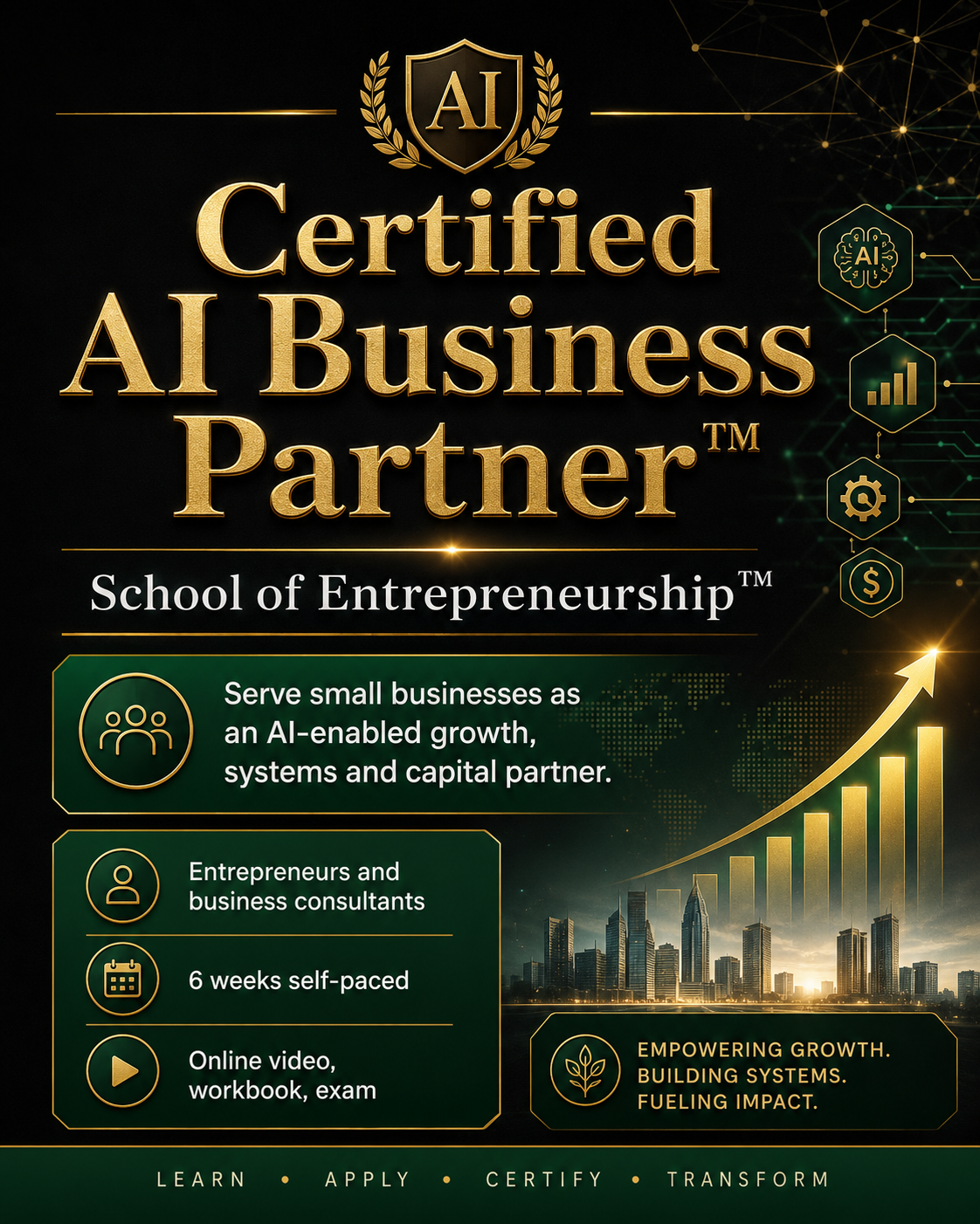 Certified AI Business Partner™ certification flyer from the School of Entrepreneurship™