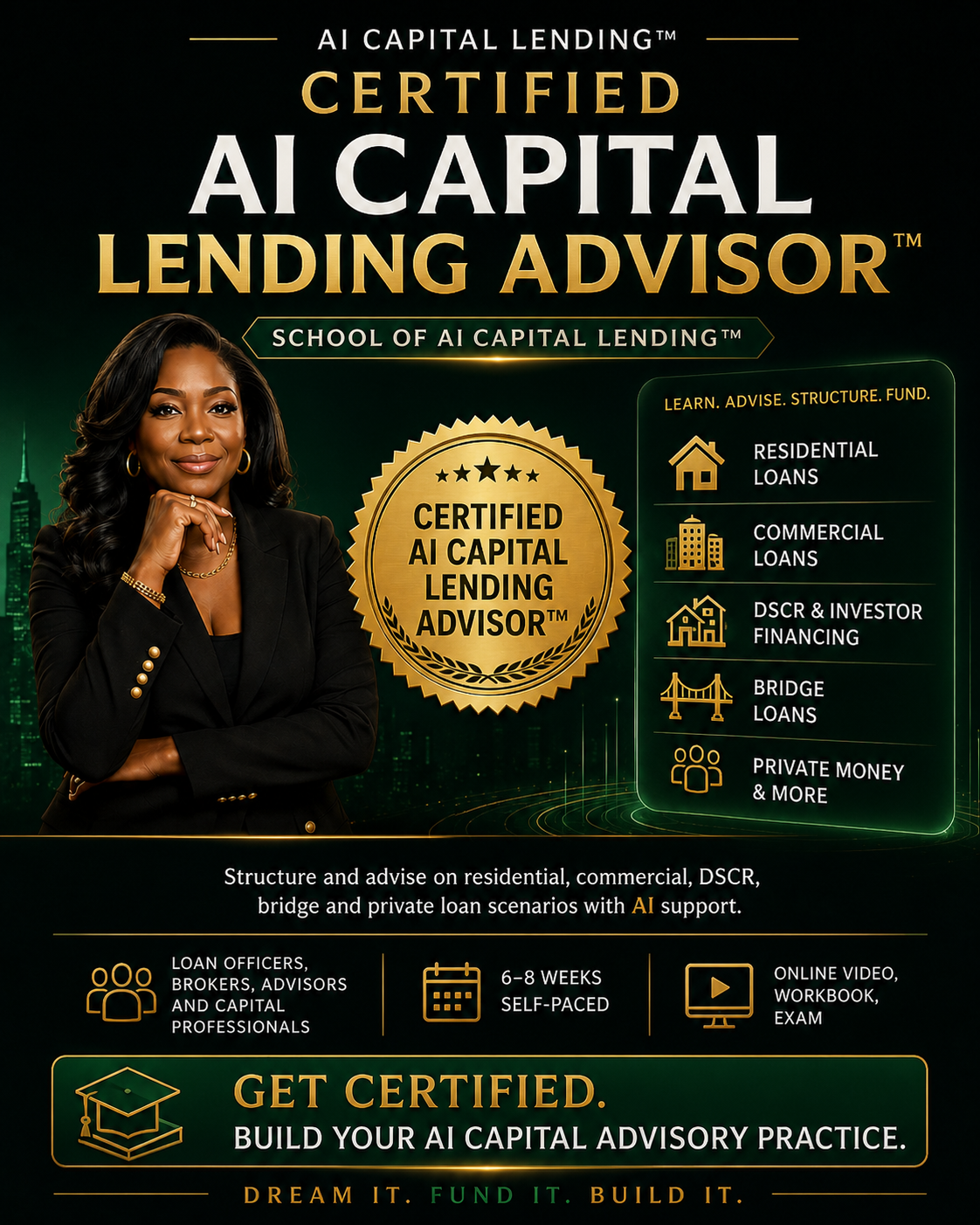 Certified AI Capital Lending Advisor™ certification flyer from the School of AI Capital Lending™
