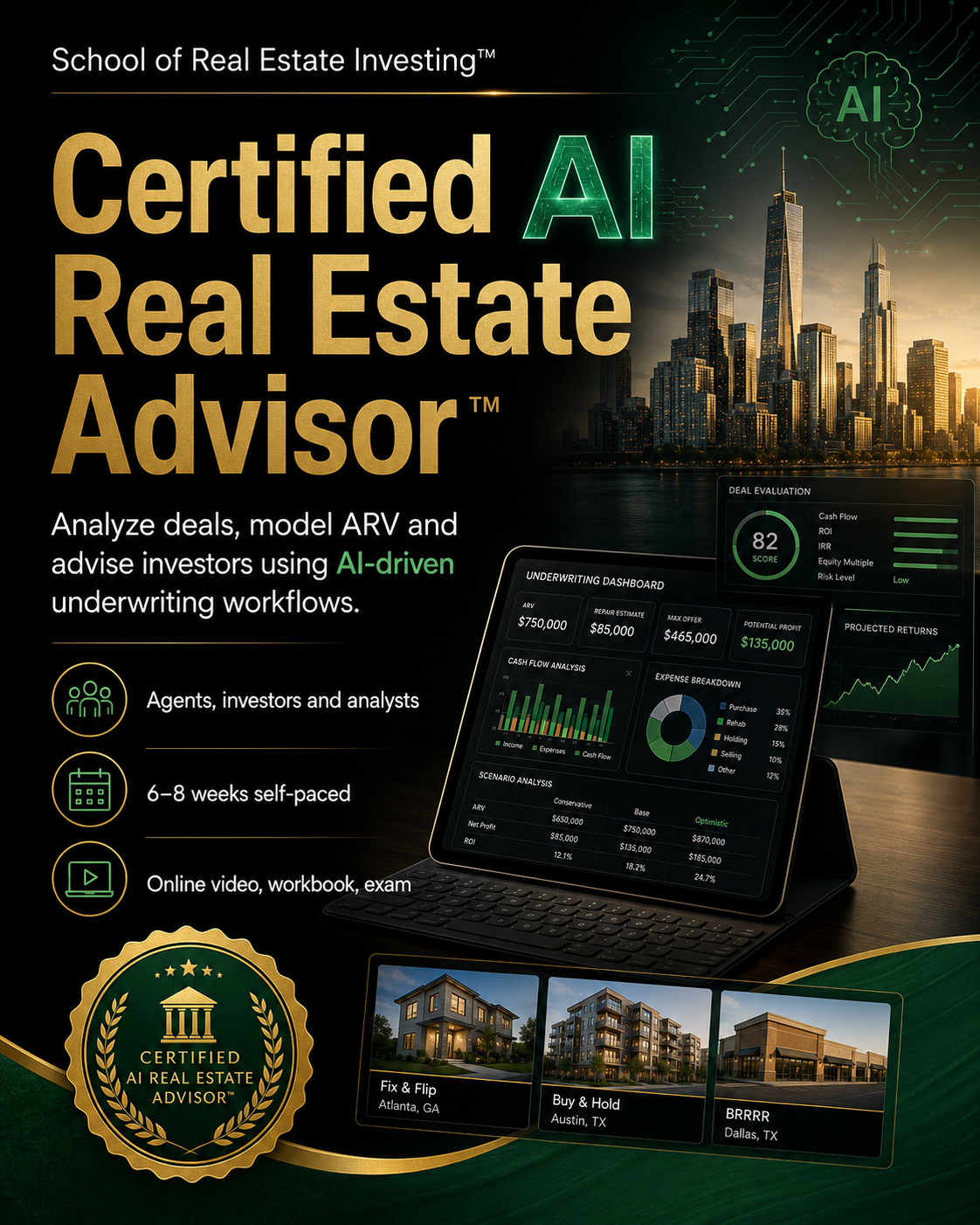 Certified AI Real Estate Advisor™ certification flyer from the School of Real Estate Investing™