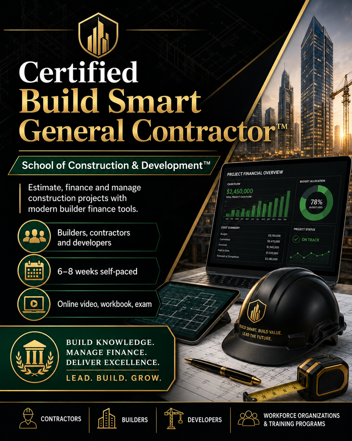 Certified Build Smart General Contractor™ certification flyer from the School of Construction & Development™